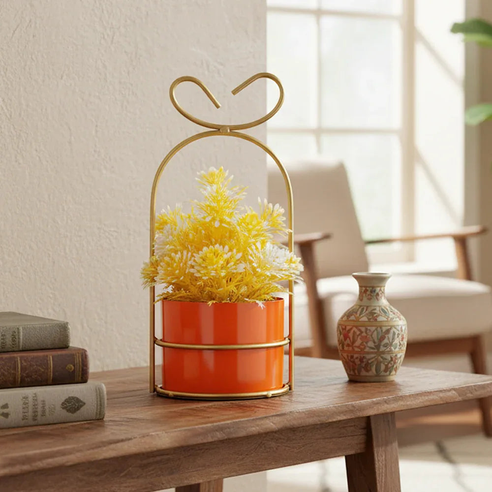 Hanging Orange Metal Planter on Gold Wire Stand