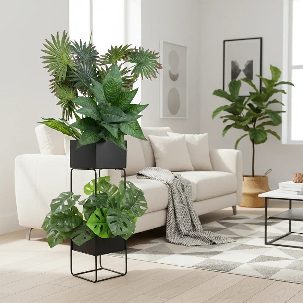 Double Pot Metal Planter Stand Black