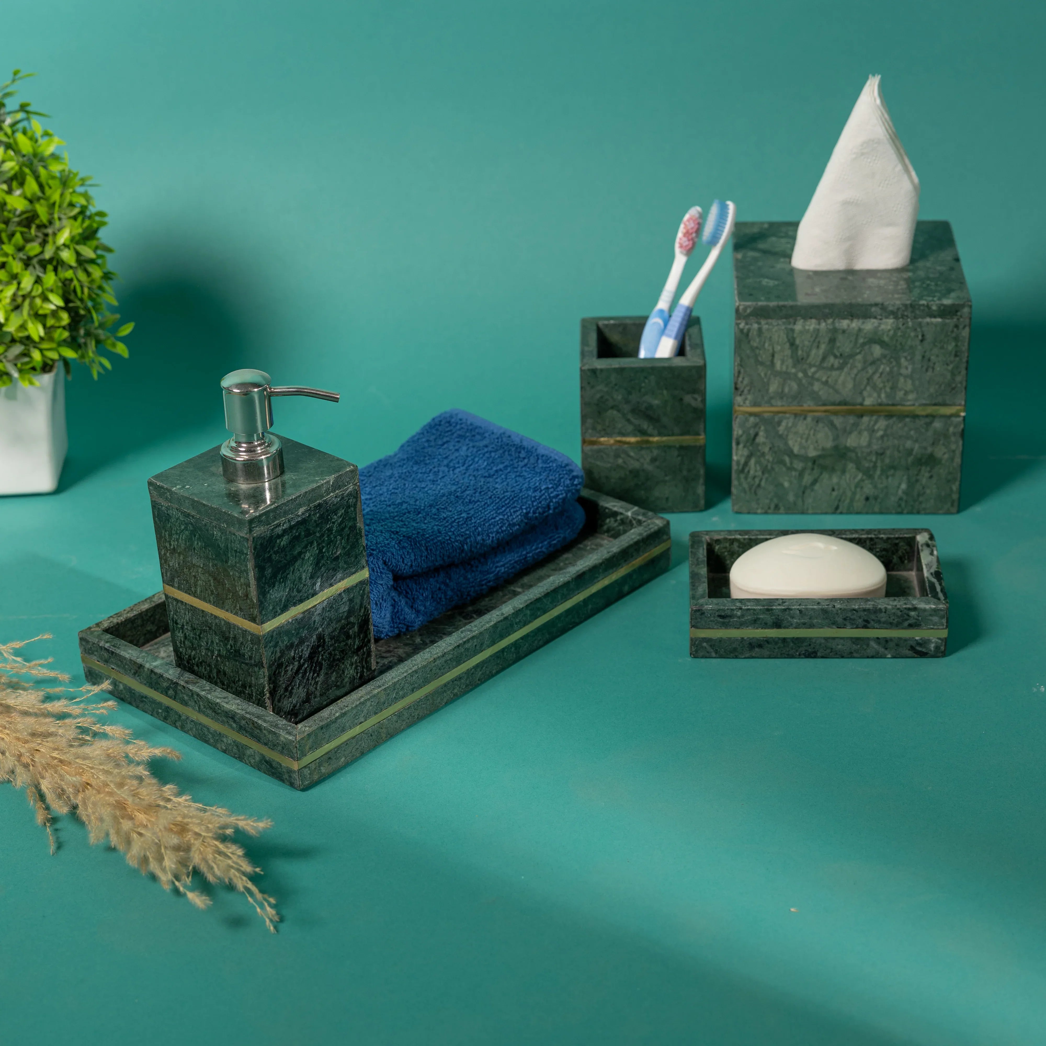 Brass Marble Bathroom Set In Greenish Yellow-Set of 5