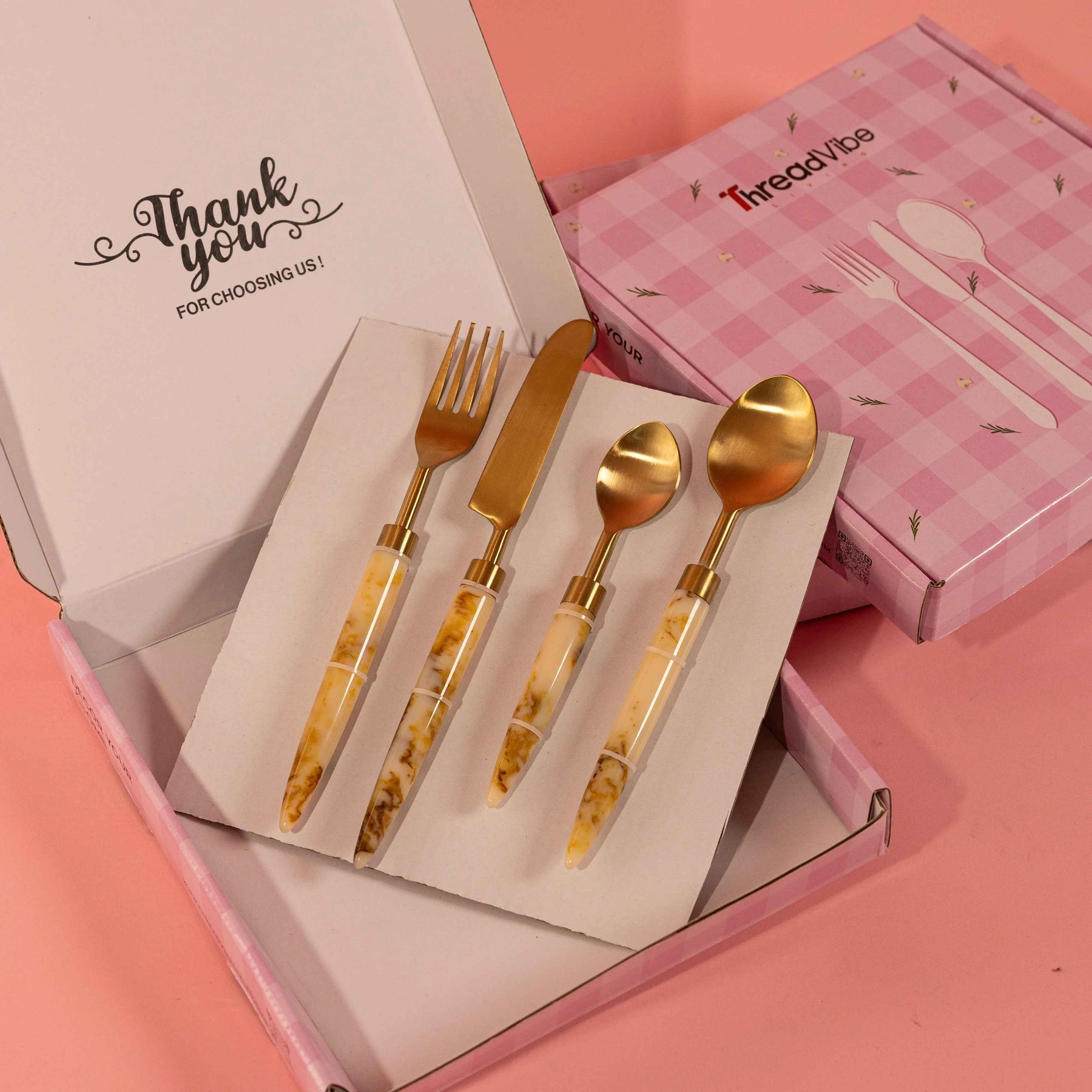 Designer Gold Stainless Steel Cutlery Set with Marble Handle