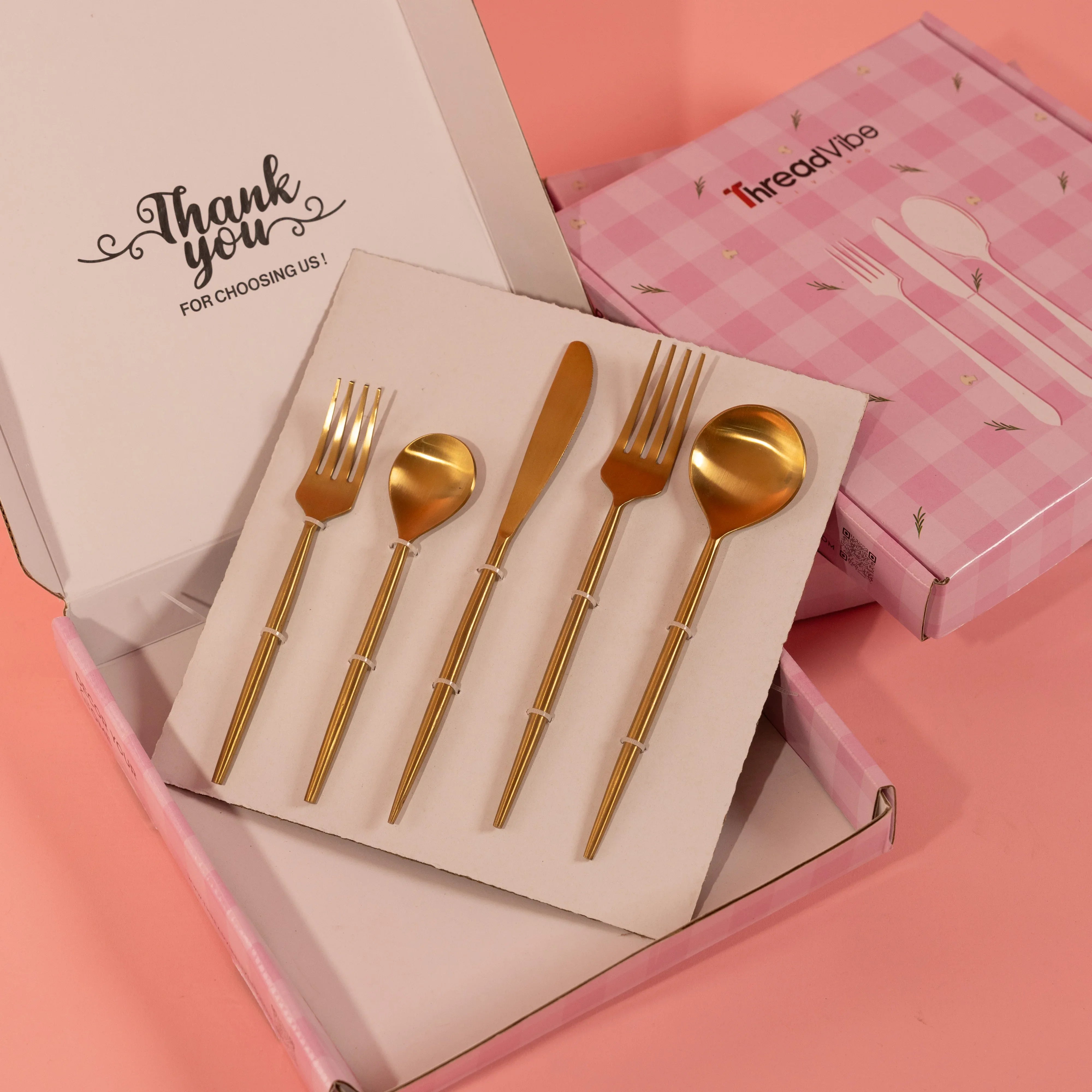 Elegant Gold Stainless Steel Spoon, Fork & Knife Set of 5