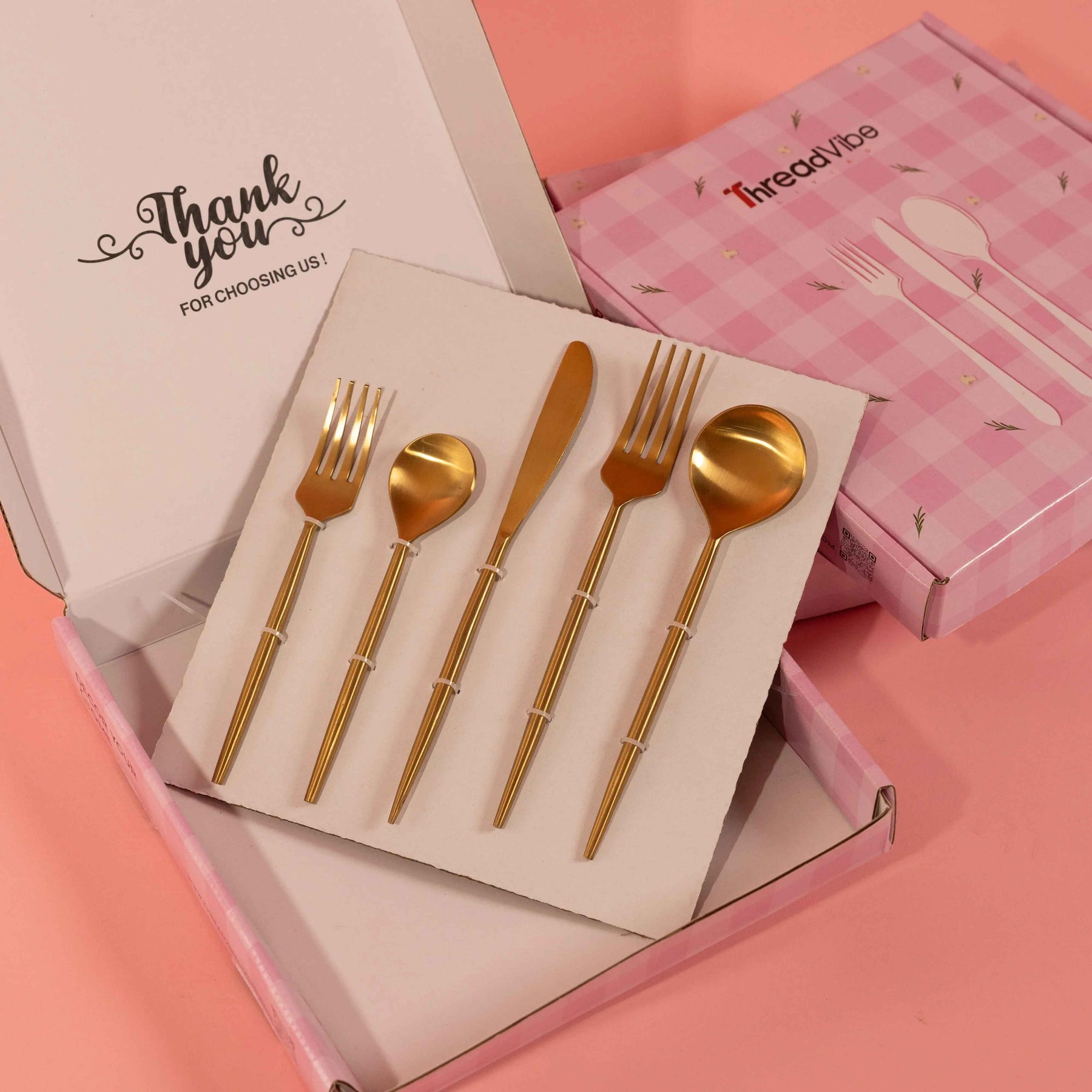 Elegant Gold Stainless Steel Spoon, Fork & Knife Set of 5