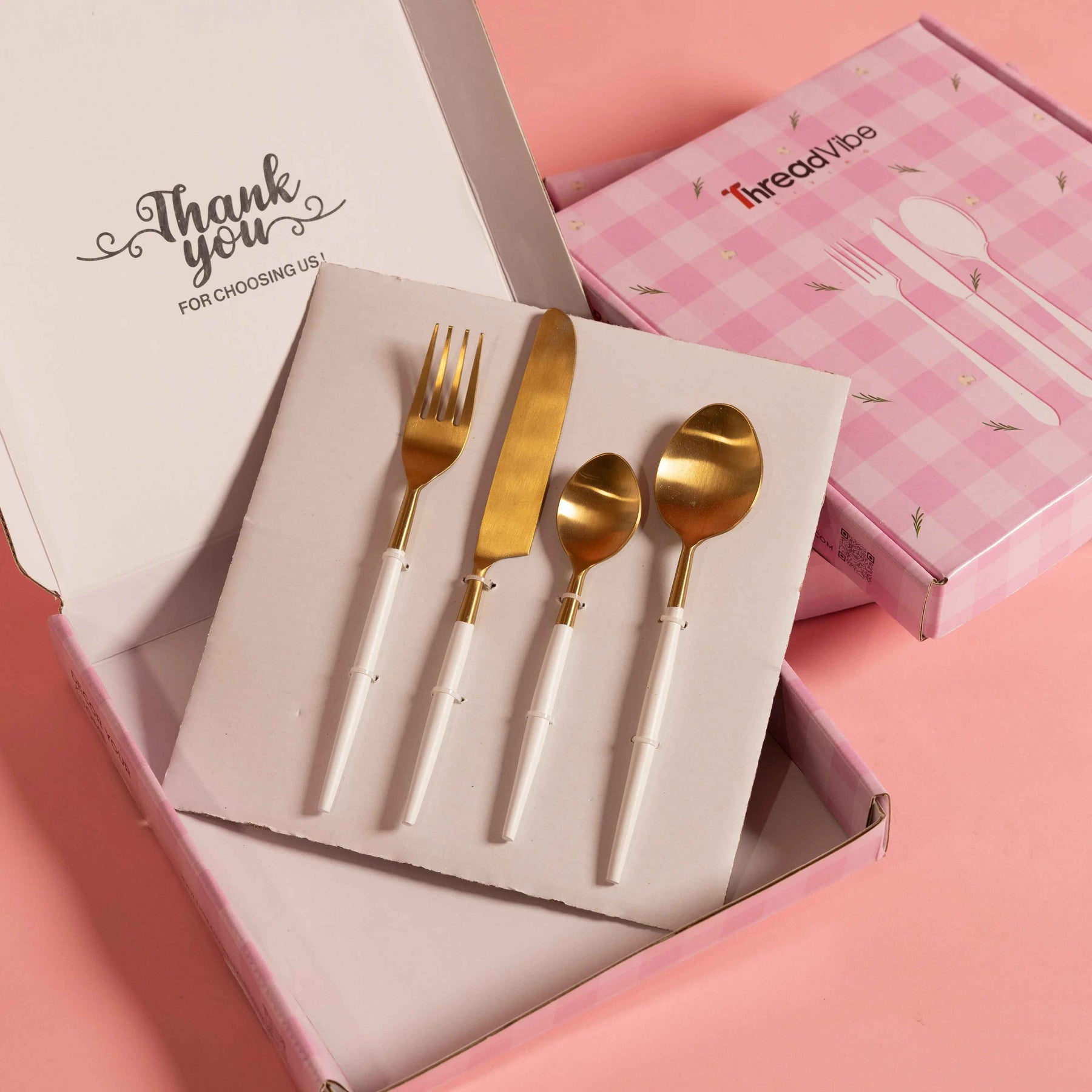 Premium Gold Stainless Steel Cutlery Set with White Marble Handle