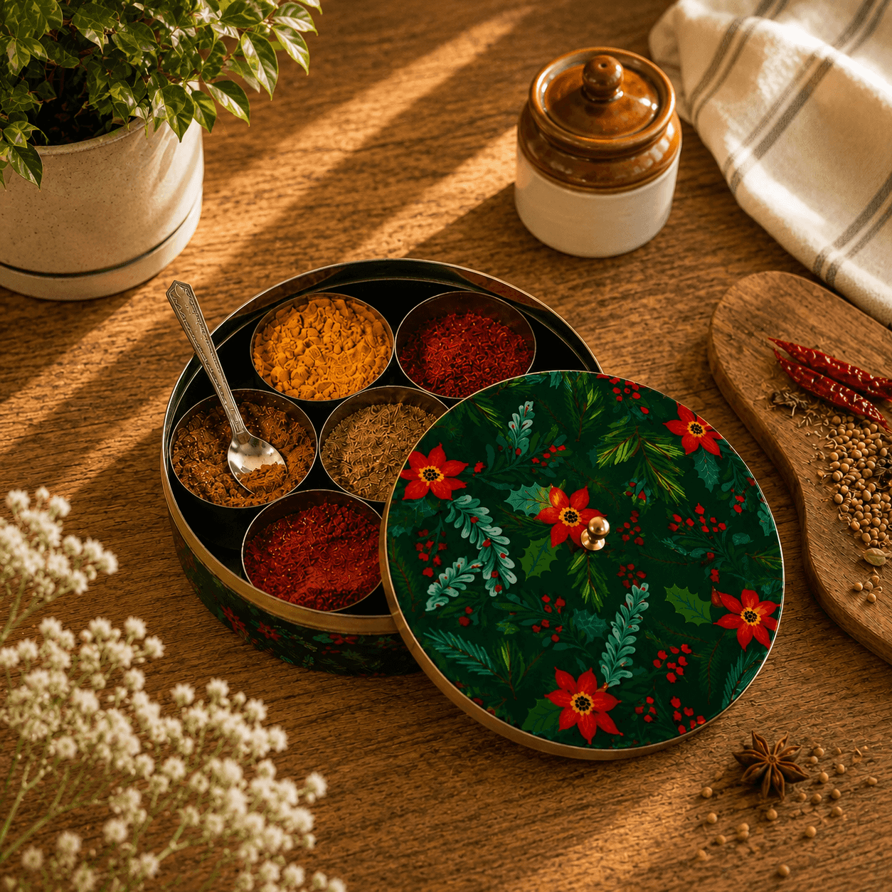 Premium Stainless Steel Masala Box (Spice Box) in Forest Bloom