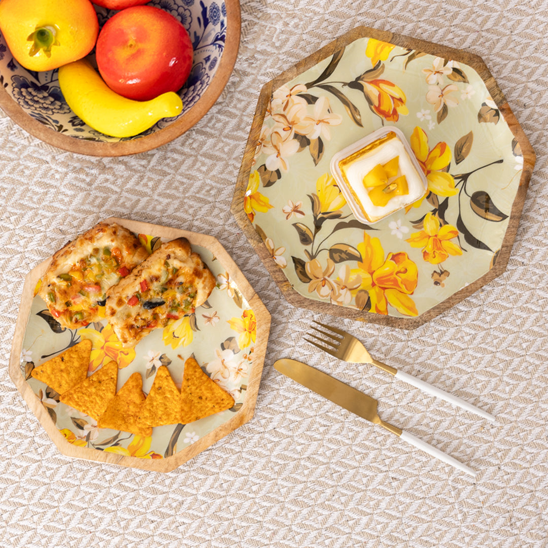 Handcrafted Mango-Wood Yellowflower Printed Platters Tray-Set Of 2