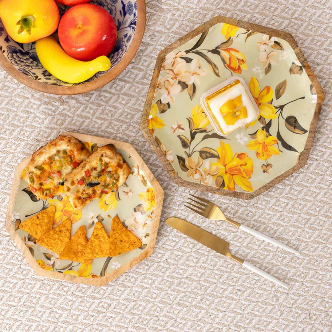 Handcrafted Mango-Wood Yellowflower Printed Platters Tray-Set Of 2