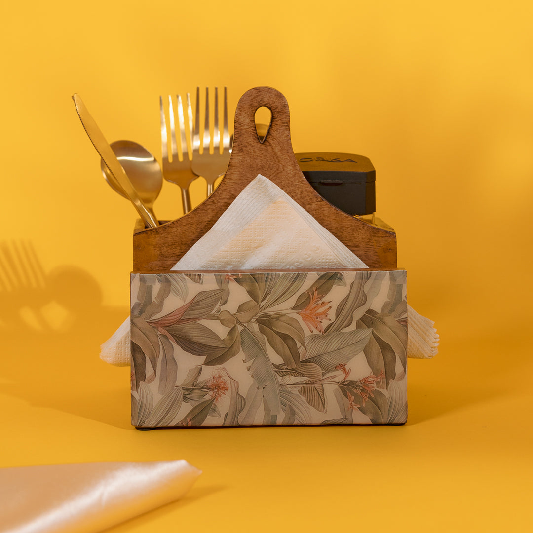 Handpainted mango-wood tissue and cutlery holder in Tropical Pattern