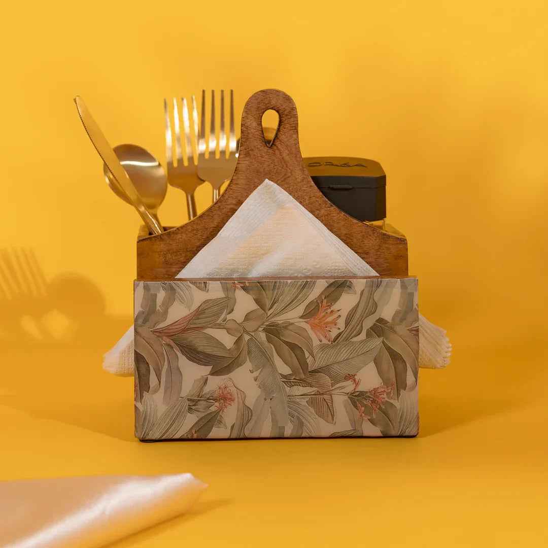 Handcrafted Mango Wood Tissue Holder with Tropical Floral Print