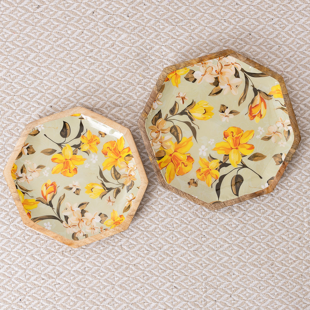 Handcrafted Mango-Wood Yellowflower Printed Platters Tray-Set Of 2