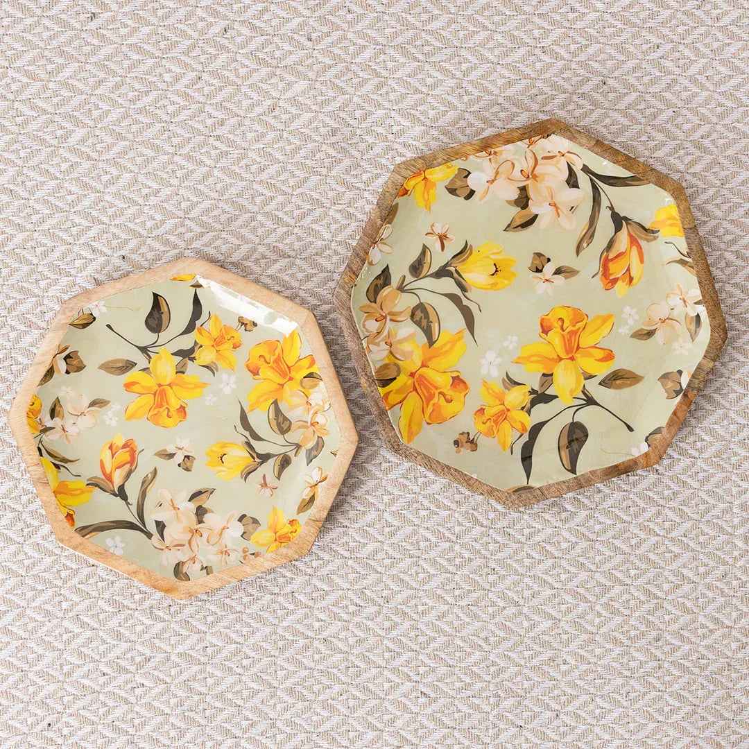 Handcrafted Mango Wood Printed Serving Platters Set - Yellow Floral