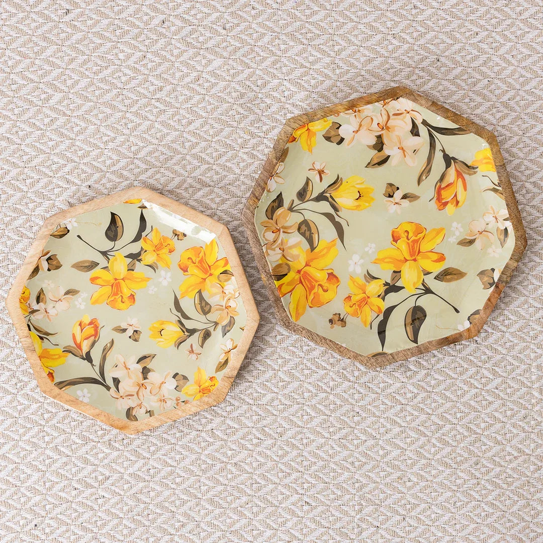 Handcrafted Mango-Wood Yellowflower Printed Platters Tray-Set Of 2