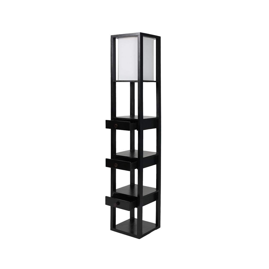 Mango Wood Floor Lamp with Three Drawer Shelf in Black