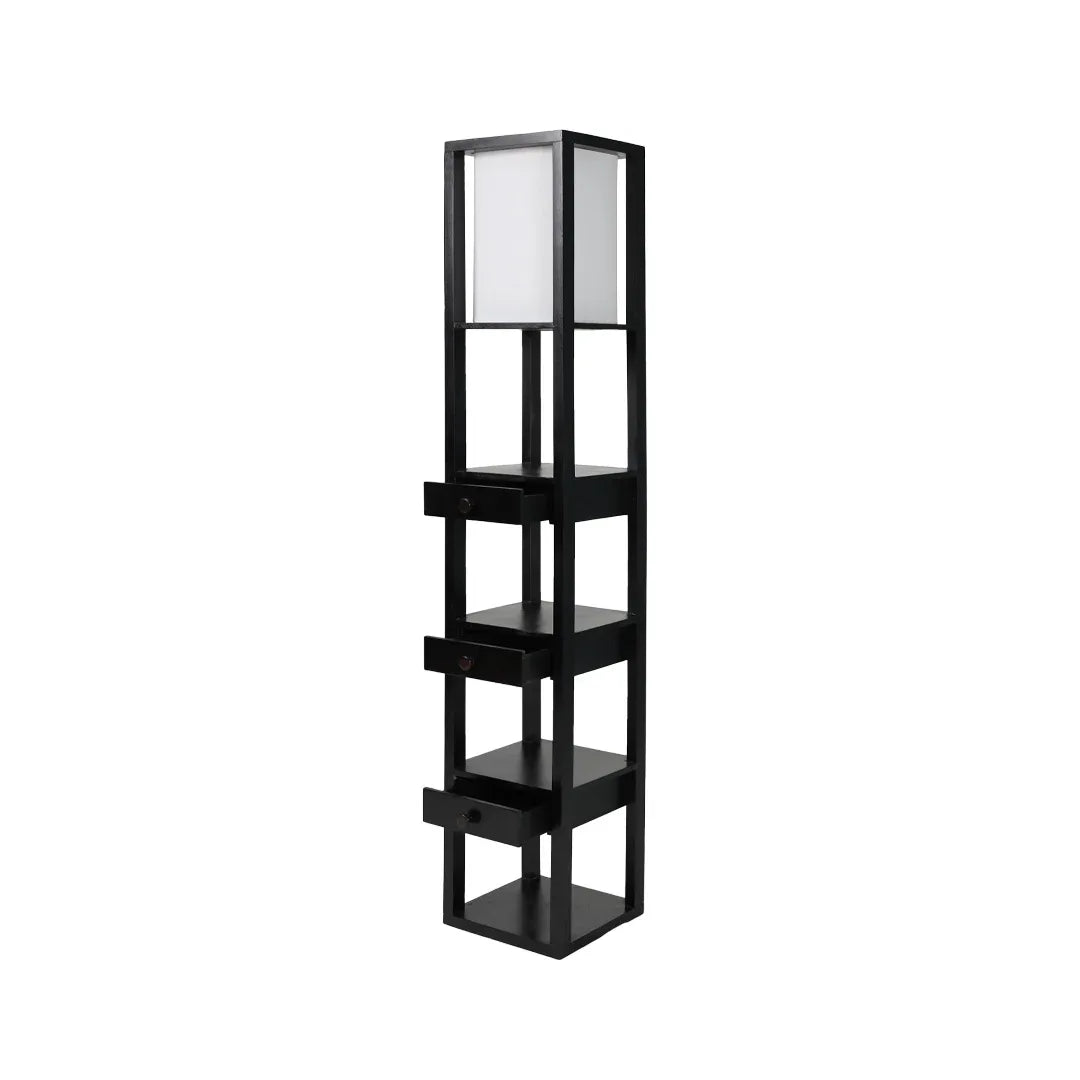 Mango Wood Floor Lamp with Three Drawer Shelf in Black