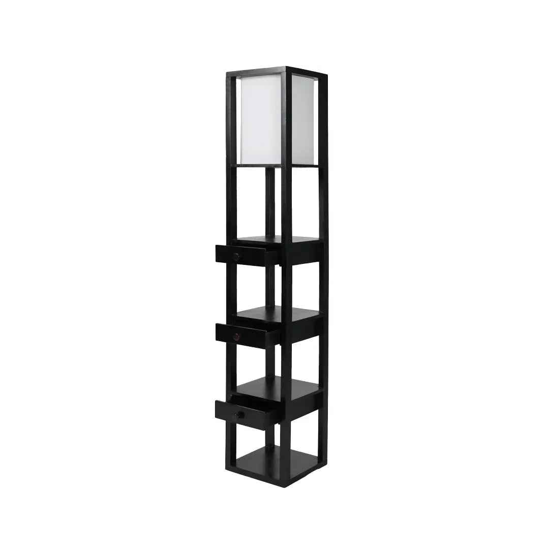 Mango Wood Floor Lamp with Three Drawer Shelf in Black