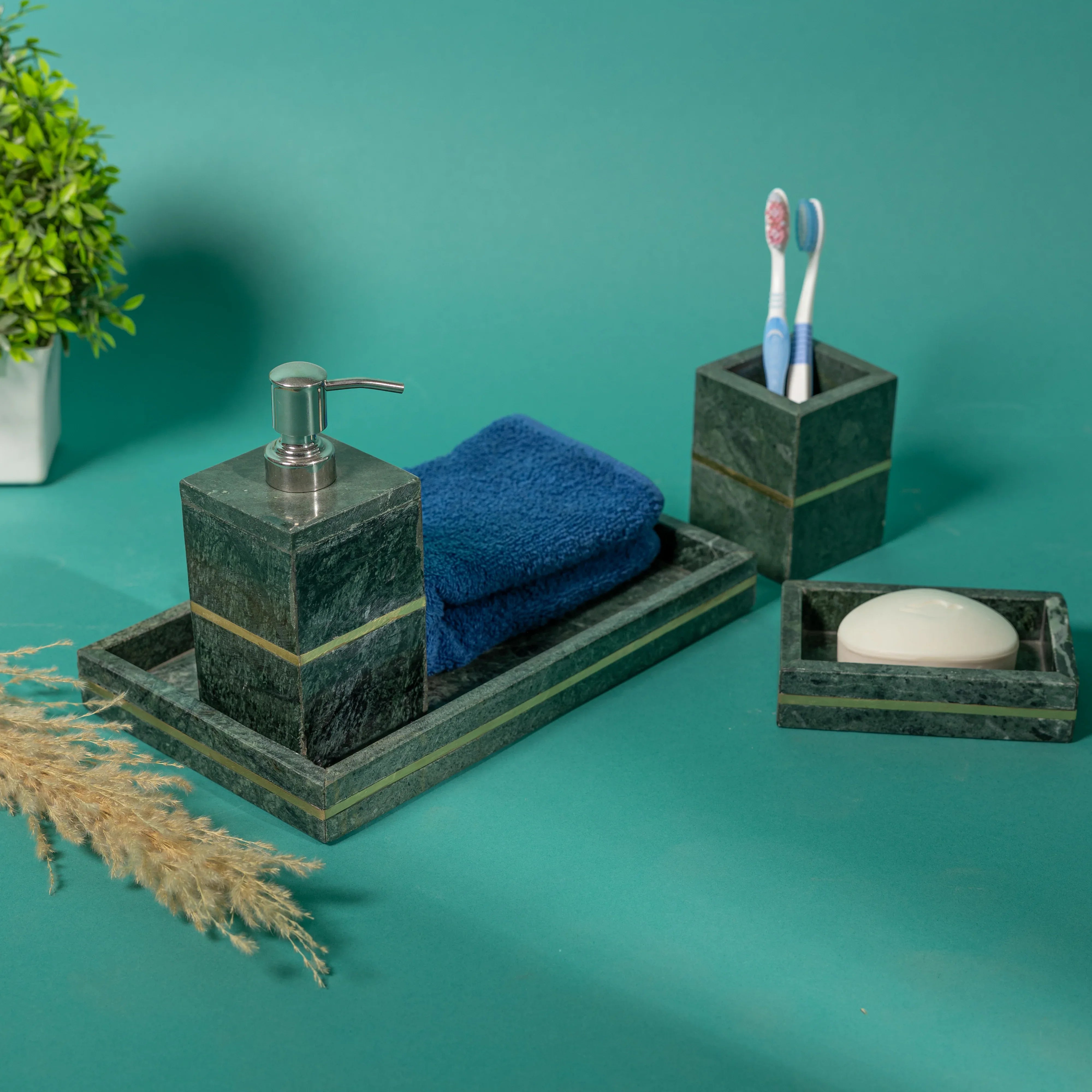 Brass Marble Bathroom Set In Greenish Yellow-Set of 4