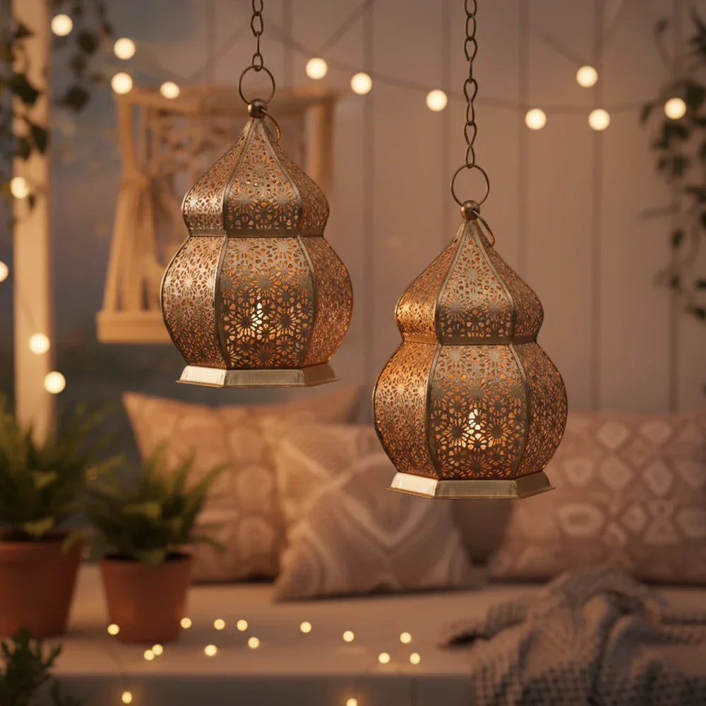 Copper Polish Moroccan Style Lanterns Set of 2