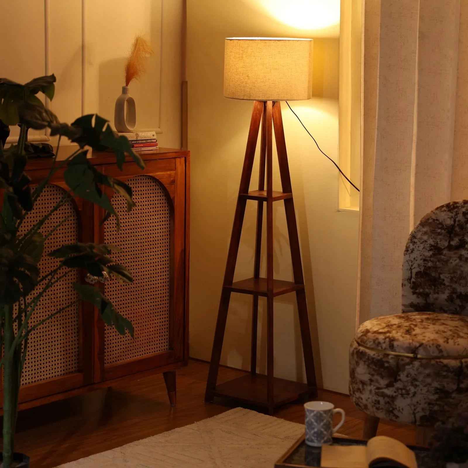 Wooden Floor Lamp With Shelf Storage in 3 Tiered