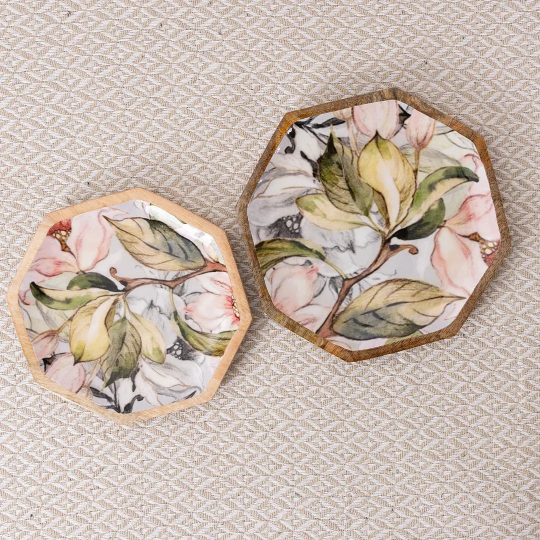 Handcrafted Mango-Wood Floral Grey Printed Platters Tray-Set Of 2