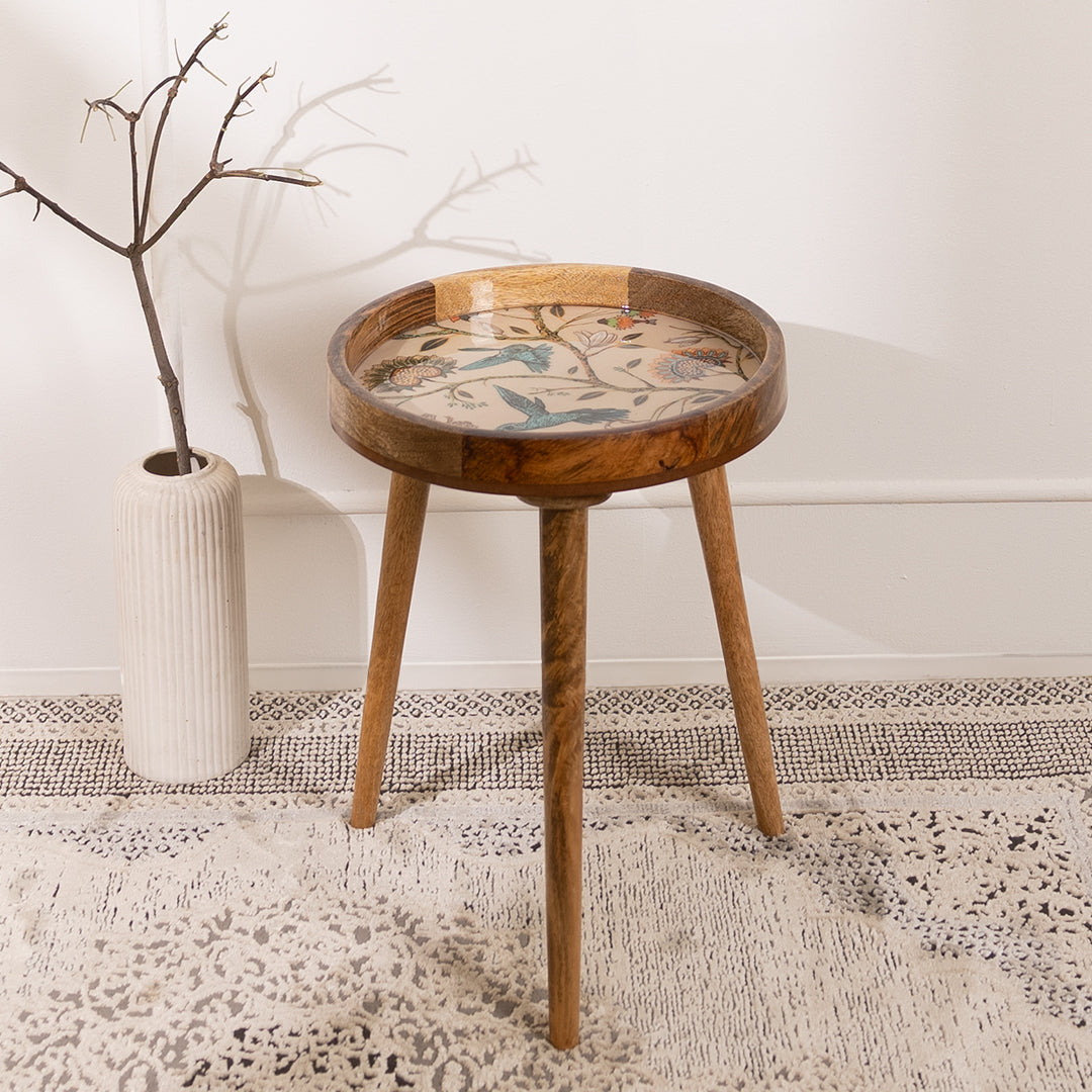 Mango Wood End Table For Living Room In Birdflower