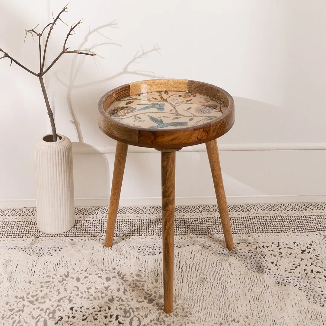 Mango Wood Round Side Table In Birdflower - Bedside table for Living Room & Bedroom