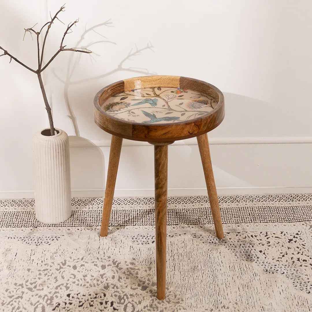 Mango Wood Round Side Table In Birdflowe for Living Room