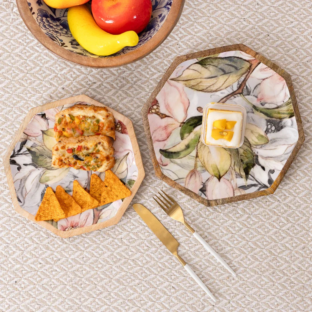 Handcrafted Mango-Wood Floral Grey Printed Platters Tray-Set Of 2