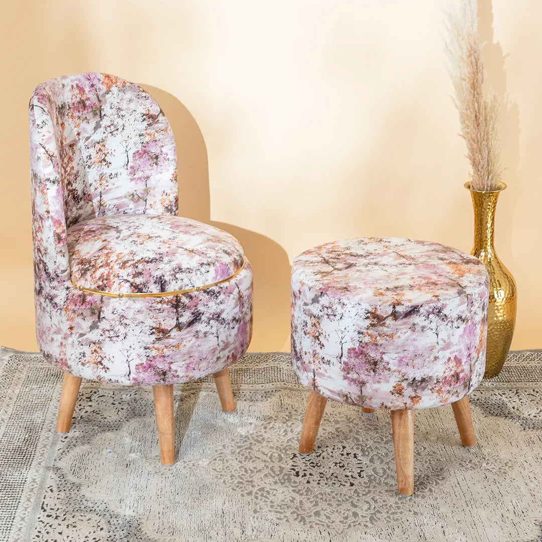 Printed Pouffes Chair with Ottoman Stool Combo in Cherry Blossoms