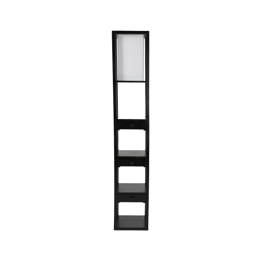 Mango Wood Floor Lamp with Three Drawer Shelf in Black