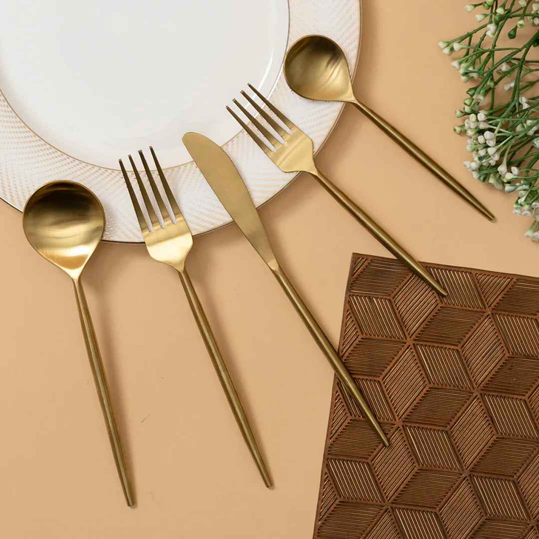 Elegant Gold Stainless Steel Spoon, Fork & Knife Set of 5