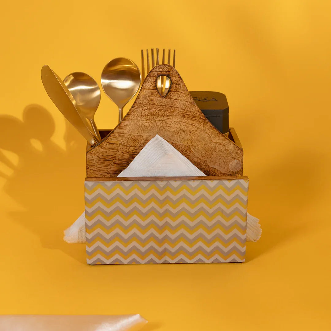 Hand-painted Mango Wooden Tissue & Cutlery holder in Yellow-Gray Hue Pattern
