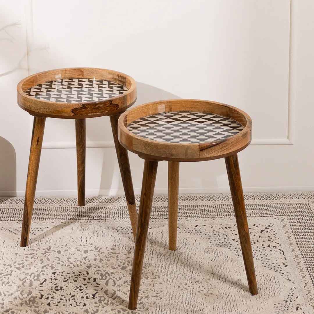 Mango Wood Round Side End Table In Black & White