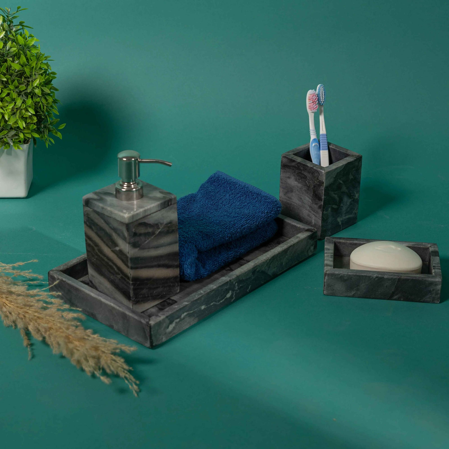 Marble Bathroom Set In Charcoal Brown-Set of 4