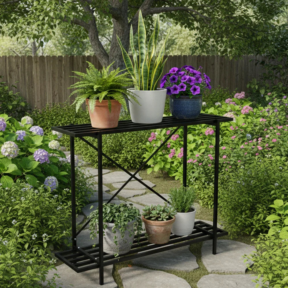 Modern Black 2 Tier Metal Plant Stand