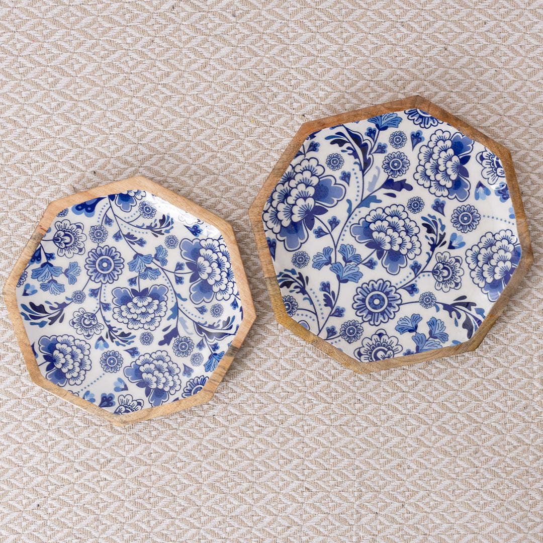 Handcrafted Mango-Wood Blueflower Printed Platters Tray-Set Of 2