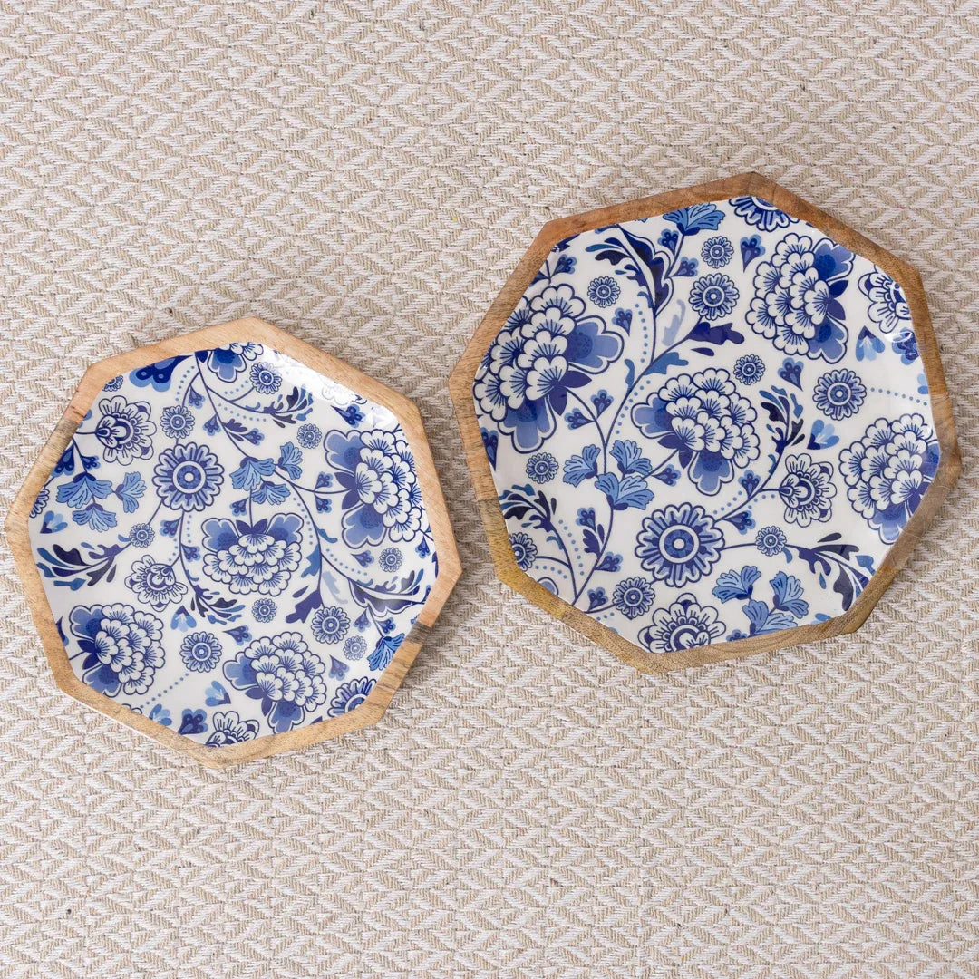 Handcrafted Mango-Wood Blueflower Printed Platters Tray-Set Of 2