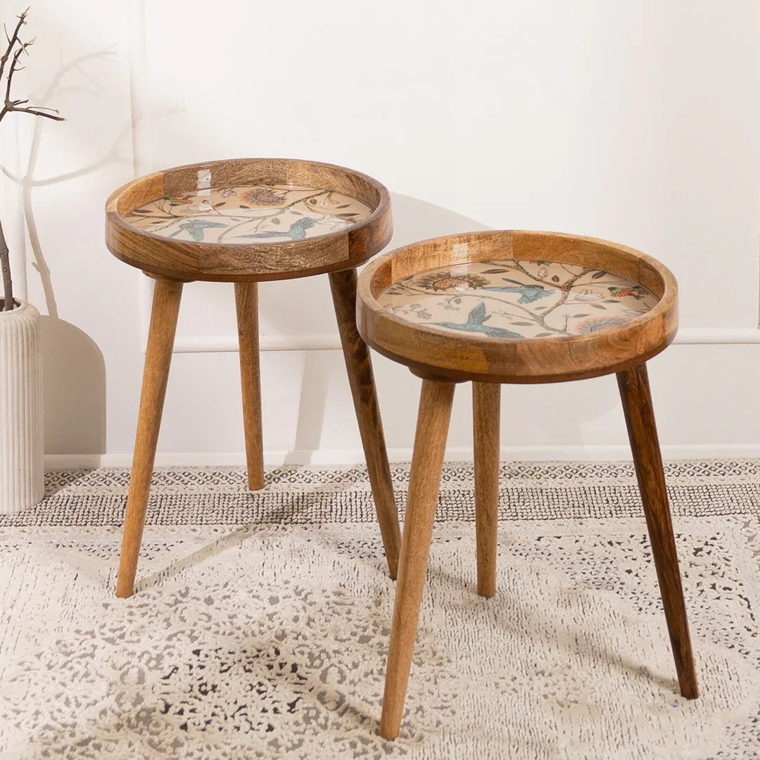 Mango Wood Round Side End Table In Birdflower