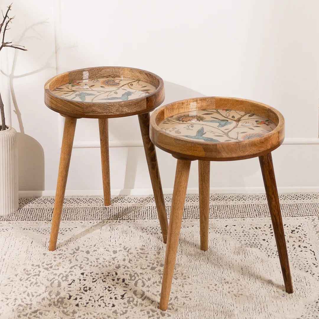 Mango Wood Round Side End Table Set In Birdflower