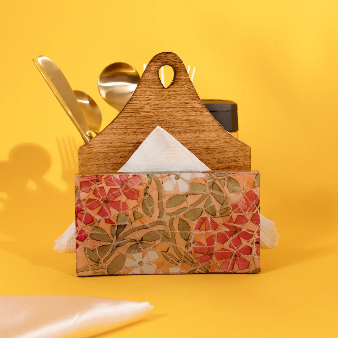 Hand-painted Mango Wooden Tissue & Cutlery holder in Mosaic Pattern