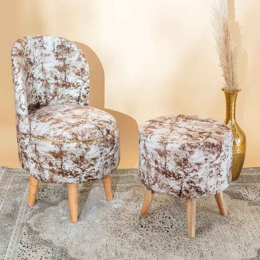 Modern Printed Velvet Chair with Ottoman Stool Combo in Brewed Bean
