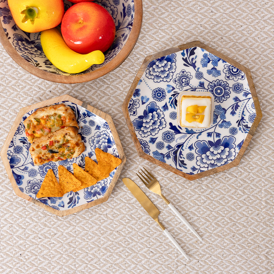 Handcrafted Mango-Wood Blueflower Printed Platters Tray-Set Of 2