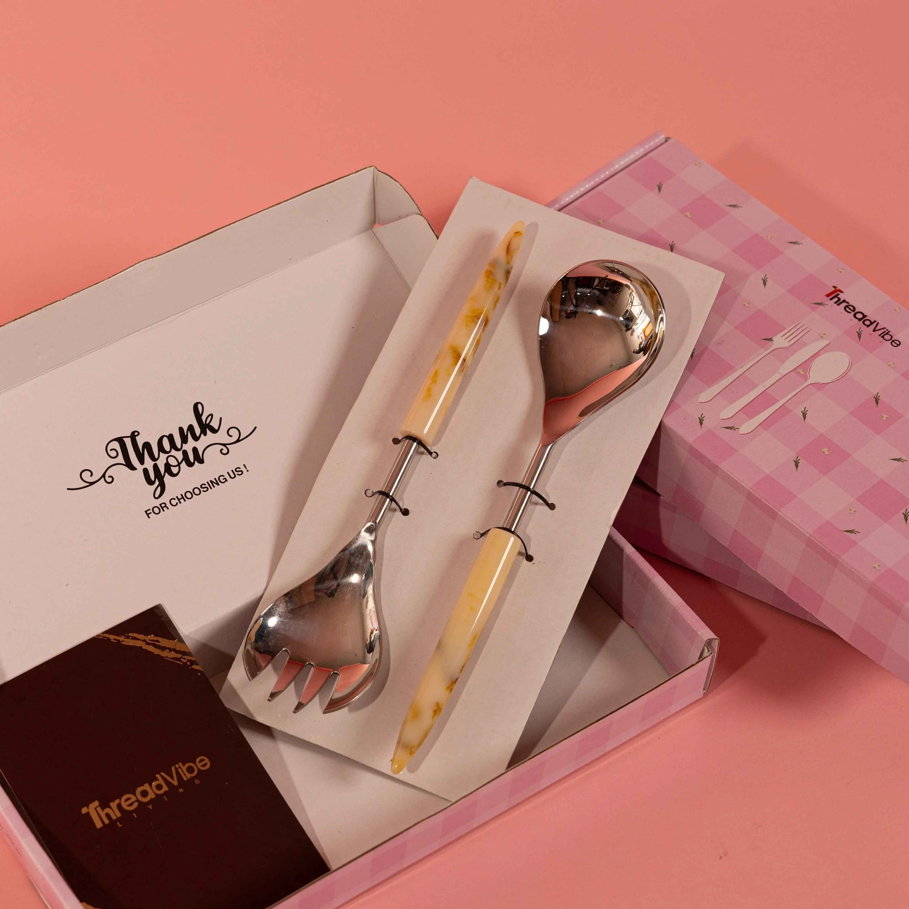 Stainless Steel Spoon & Fork Set with Marble Finish Handle