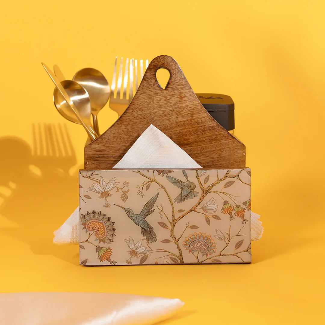 Hand-painted Mango Wooden Tissue & Cutlery holder in Birdflower Pattern