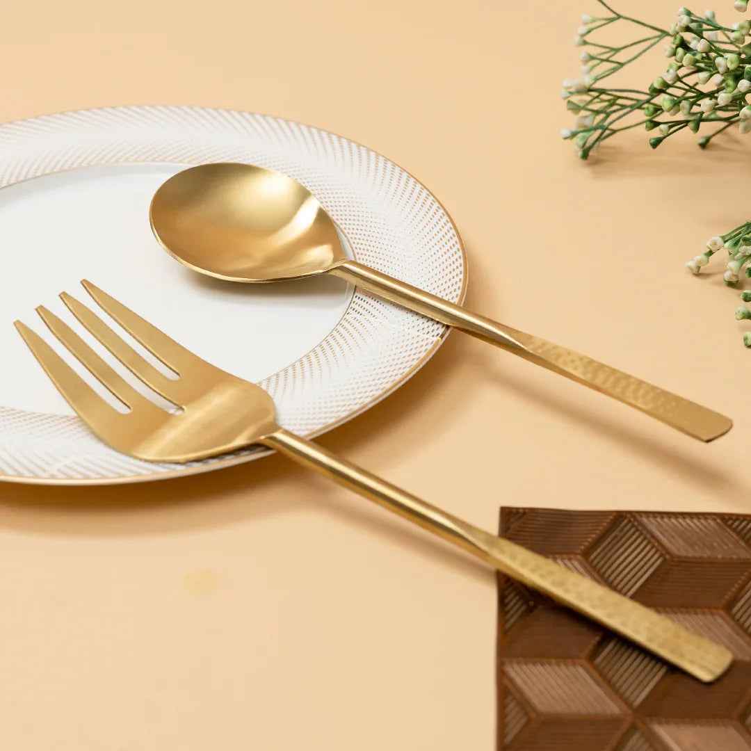 Premium Hammered Gold Serving Spoon & Fork Set
