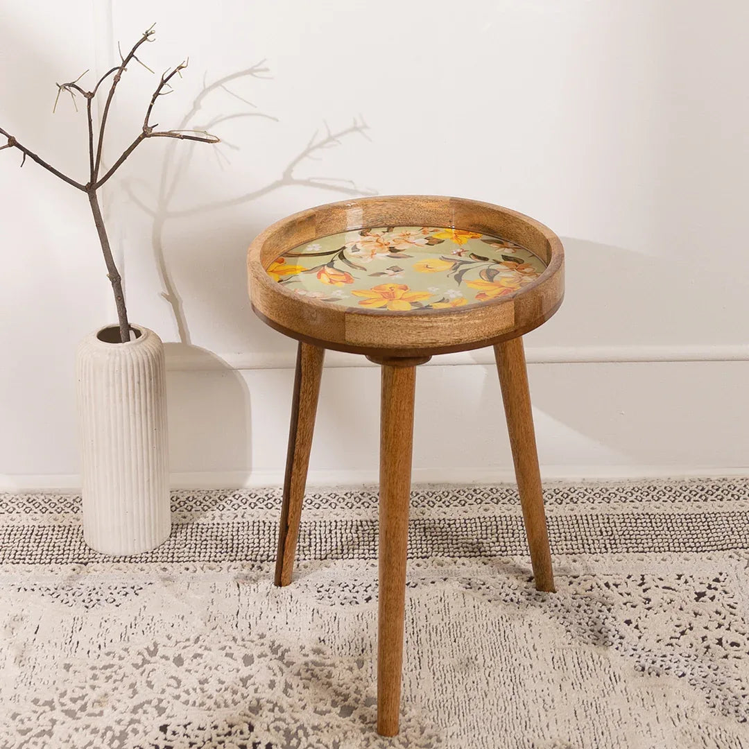 Mango Wood Side End Table Yellow Flower Petals for Living Room & Bedroom