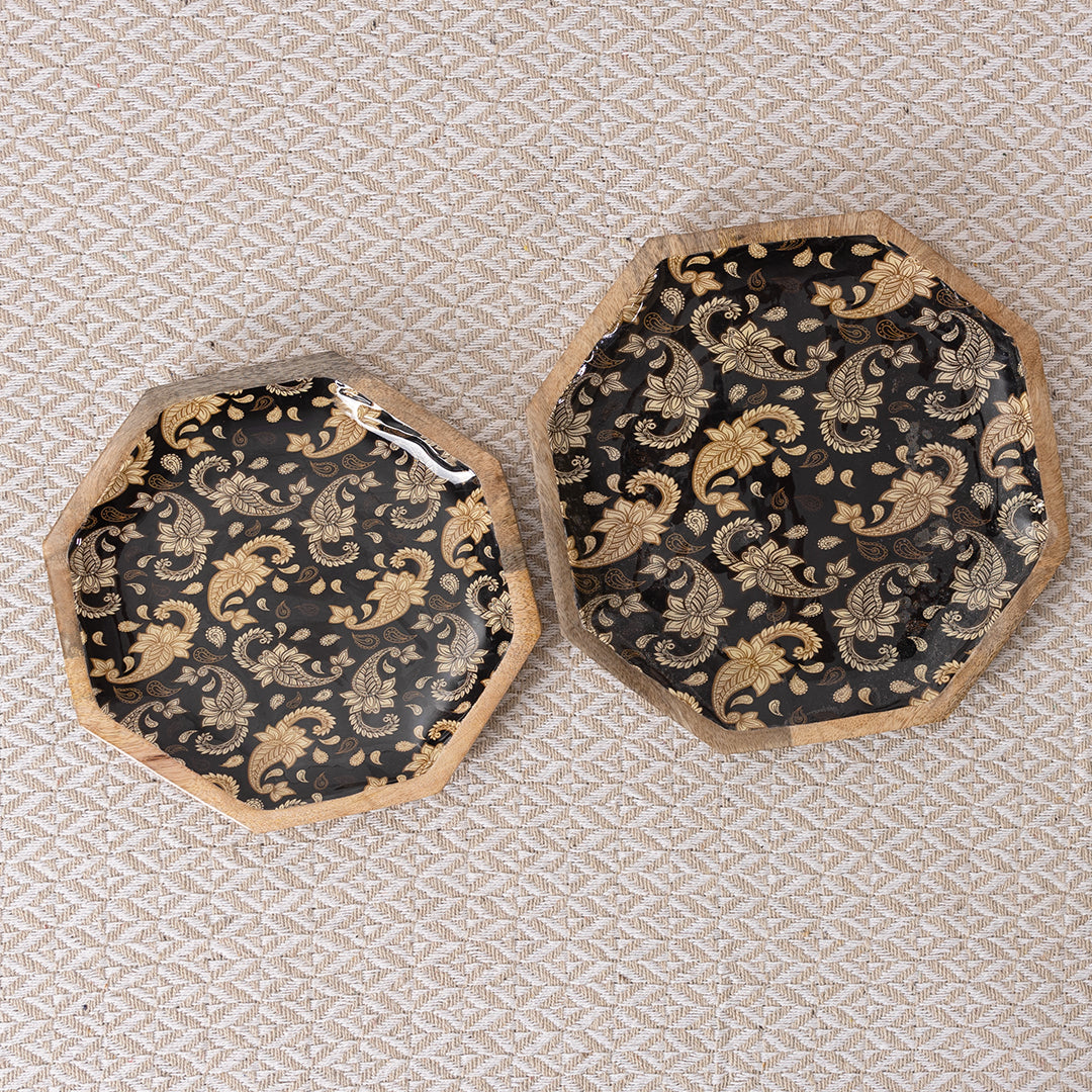 Handcrafted Mango-Wood Black Paisley Printed Platters Tray-Set Of 2