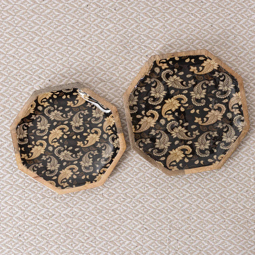Handcrafted Mango-Wood Black Paisley Printed Platters Tray-Set Of 2