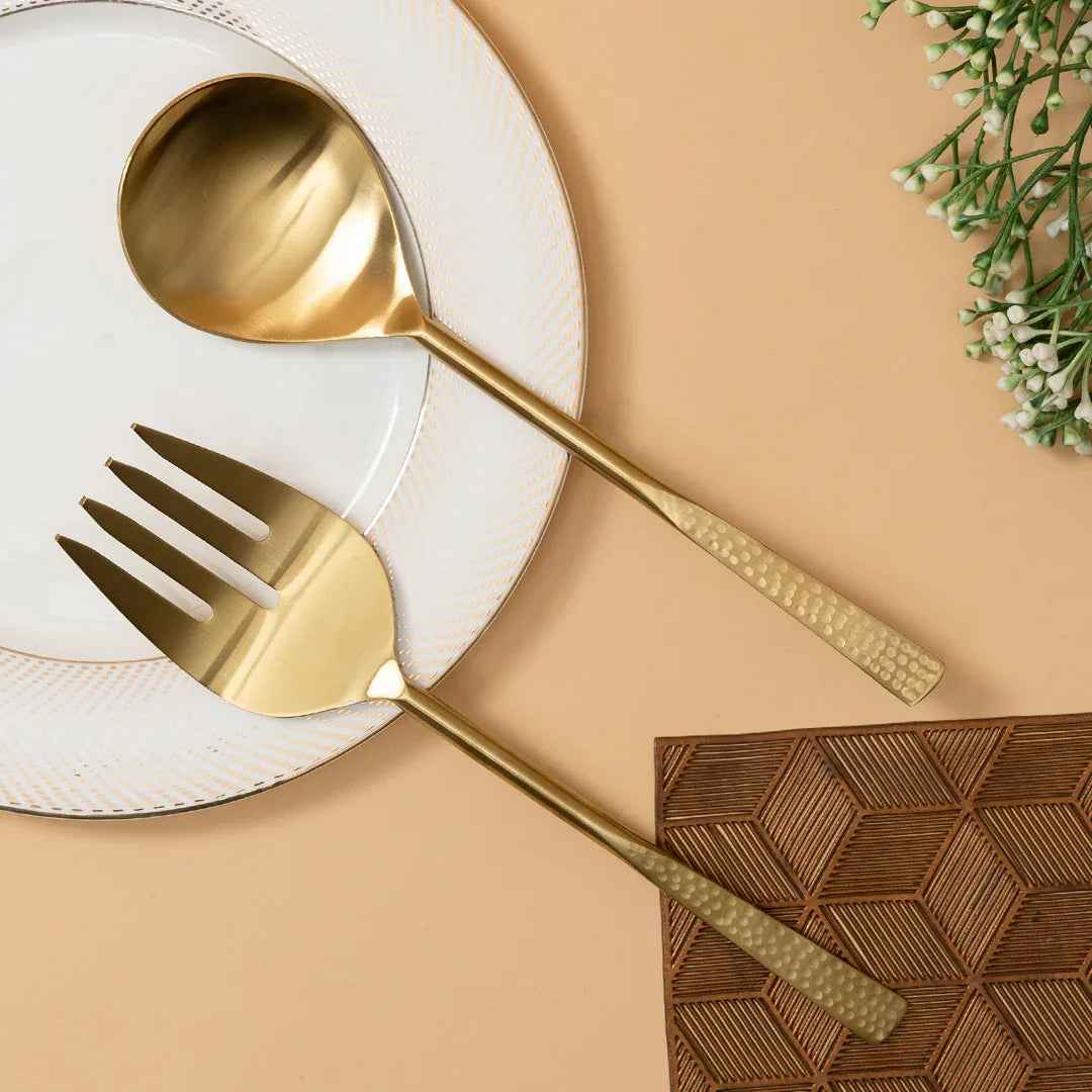 Premium Hammered Gold Serving Spoon & Fork Set