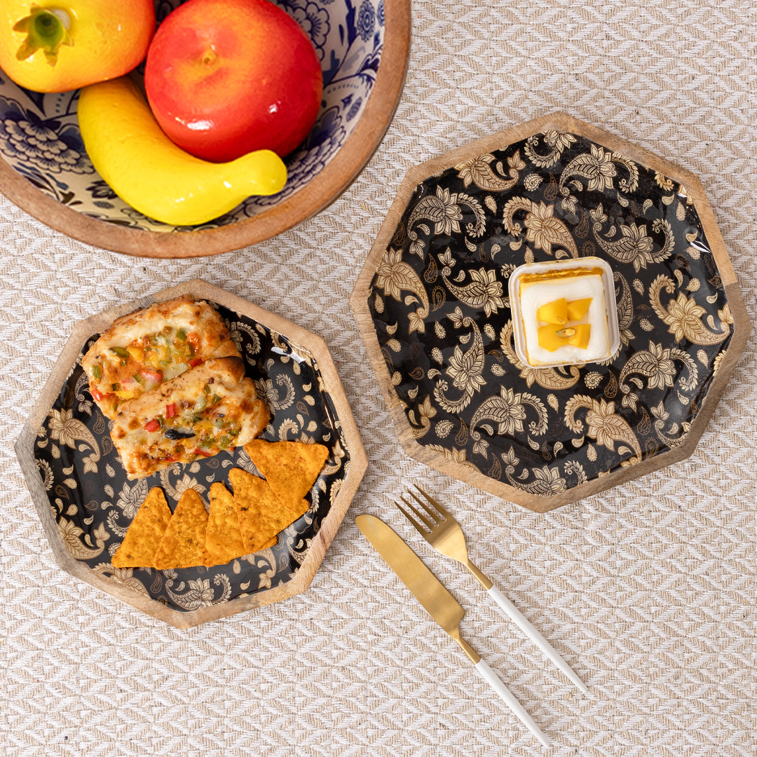Handcrafted Mango-Wood Black Paisley Printed Platters Tray-Set Of 2