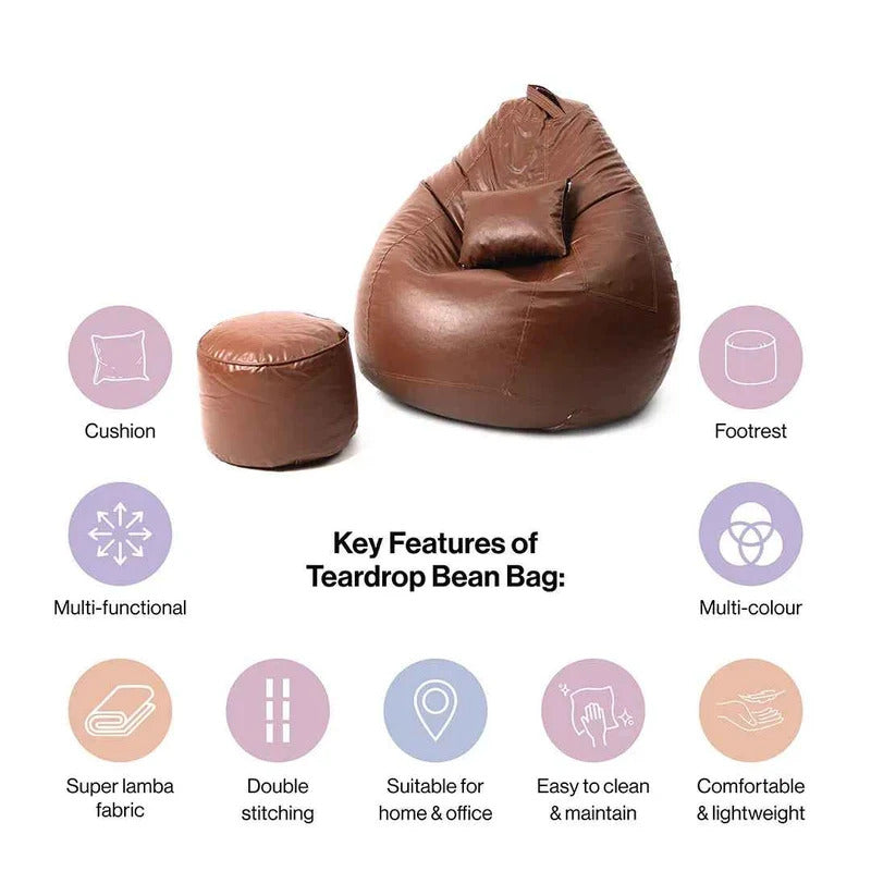 5XL Teardrop Bean Bag with Footrest & Cushion Set with Beans