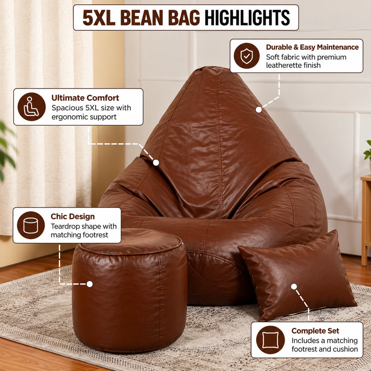 5XL Teardrop Bean Bag with Footrest & Cushion Set with Beans
